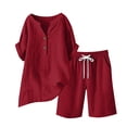 thumbnail image 5 of Xdegoge Women's Cotton Linen 2 Piece Outfits Summer Casual V Neck Button Down Short Sleeve Shirts and Drawstring Shorts Lounge Set Tracksuit with Pockets, 5 of 5