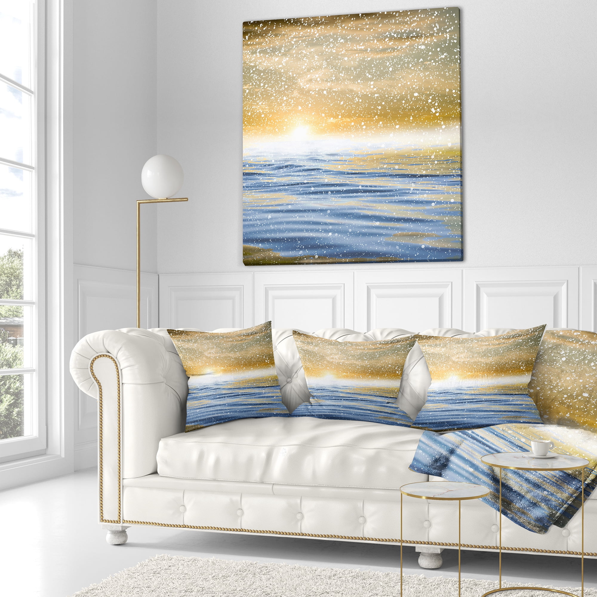 Designart Sunset Over the Sea with Snow - Skyline Photography Throw Pillow - 16x16