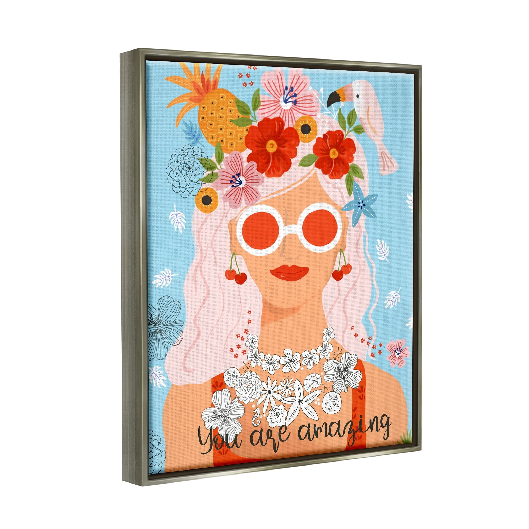 Stupell Industries You Are Amazing Motivational Floral Woman Portrait Graphic Art Luster Gray Floating Framed Canvas Print Wall Art, Design by Sharon Lee