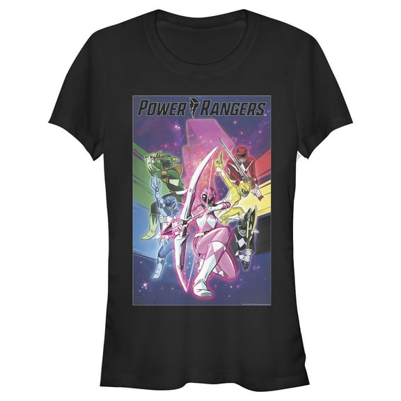 Junior's Power Rangers Rainbow Poster  Graphic Tee Black Large