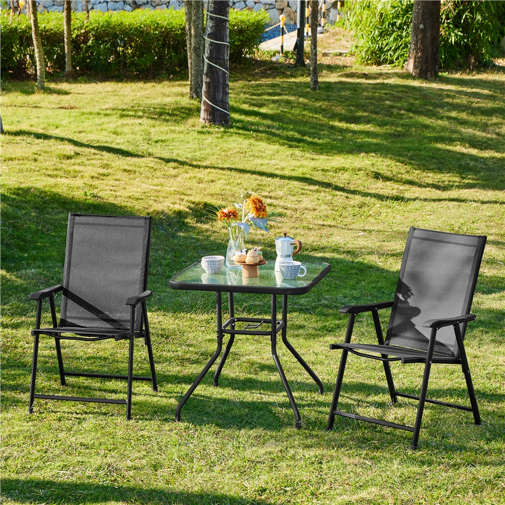 Renwick Outdoor Texteline Folding Dining Chairs with Backrest, Set of 4, Black