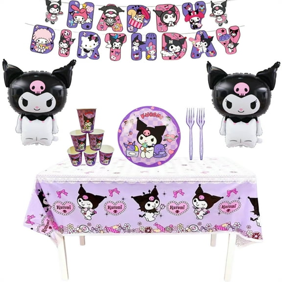 34 Pcs/Set Kuromi Theme Birthday Party Decorations Banner, Cute Tablecloths, Cartoon Paper Cups, Paper Plates, Disposable Fork Tableware Supplies