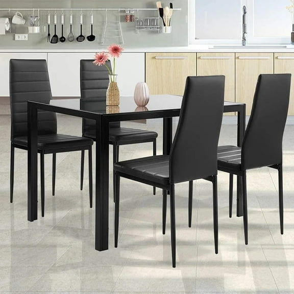 UHOMEPRO 5-Piece Dining Room Table Set for 4 Person, Elegant Dining Table Set, Tempered Glass Top Home Kitchen Table with 4 PU Leather Chairs and Metal Dining Room Modern Furniture, Black