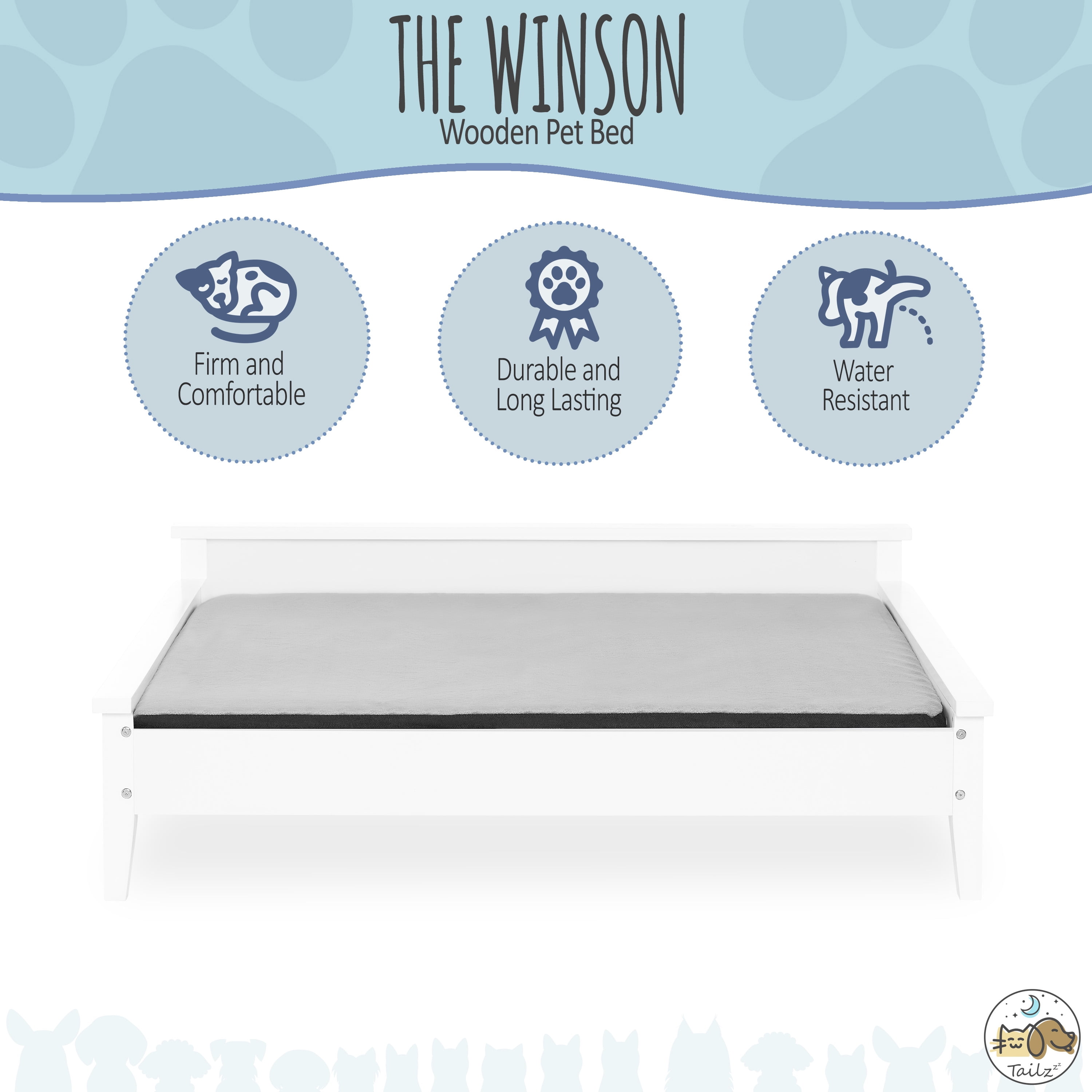 TailZzz Winston Large Elevated Wooden Pet Bed with Mattress, White