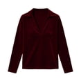thumbnail image 4 of thefmos Women's V Neck Collared Long Sleeve Velvet Blouse Loose Fit Solid Color Casual Top Fashion Fall Winter Outfit, Wine L, 4 of 7