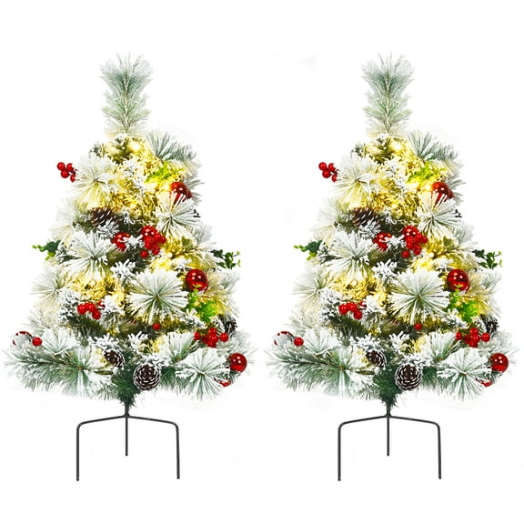 Costway Set of 2 29 in Battery Powered Pre-lit Pathway Flocked Christmas Trees Outdoor