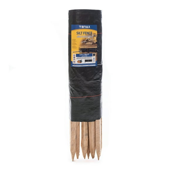 Tenax Durable Geotextile Silt Fence with Hardwood Stakes, 2 x 100ft, Black