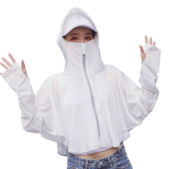Women Sun Screen Cloak Summer Beach Sunscreen Cloak Sun Protection Wrap UV Protection with Hooded Zipper for Cycling Riding Beach Holiday (White)