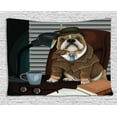 thumbnail image 1 of English Bulldog Tapestry, Traditional English Detective Dog with a Pipe and Hat Sherlock Holmes Image, Wall Hanging for Bedroom Living Room Dorm Decor, 80W X 60L Inches, Multicolor, by Ambesonne, 1 of 2