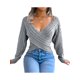 thumbnail image 2 of SuéTeres Para Mujer Jersey De Punto De Corte Bajo Con Cuello En V Cruzado De Color SóLido XBTCLXEBCO Gris;S, 2 of 6