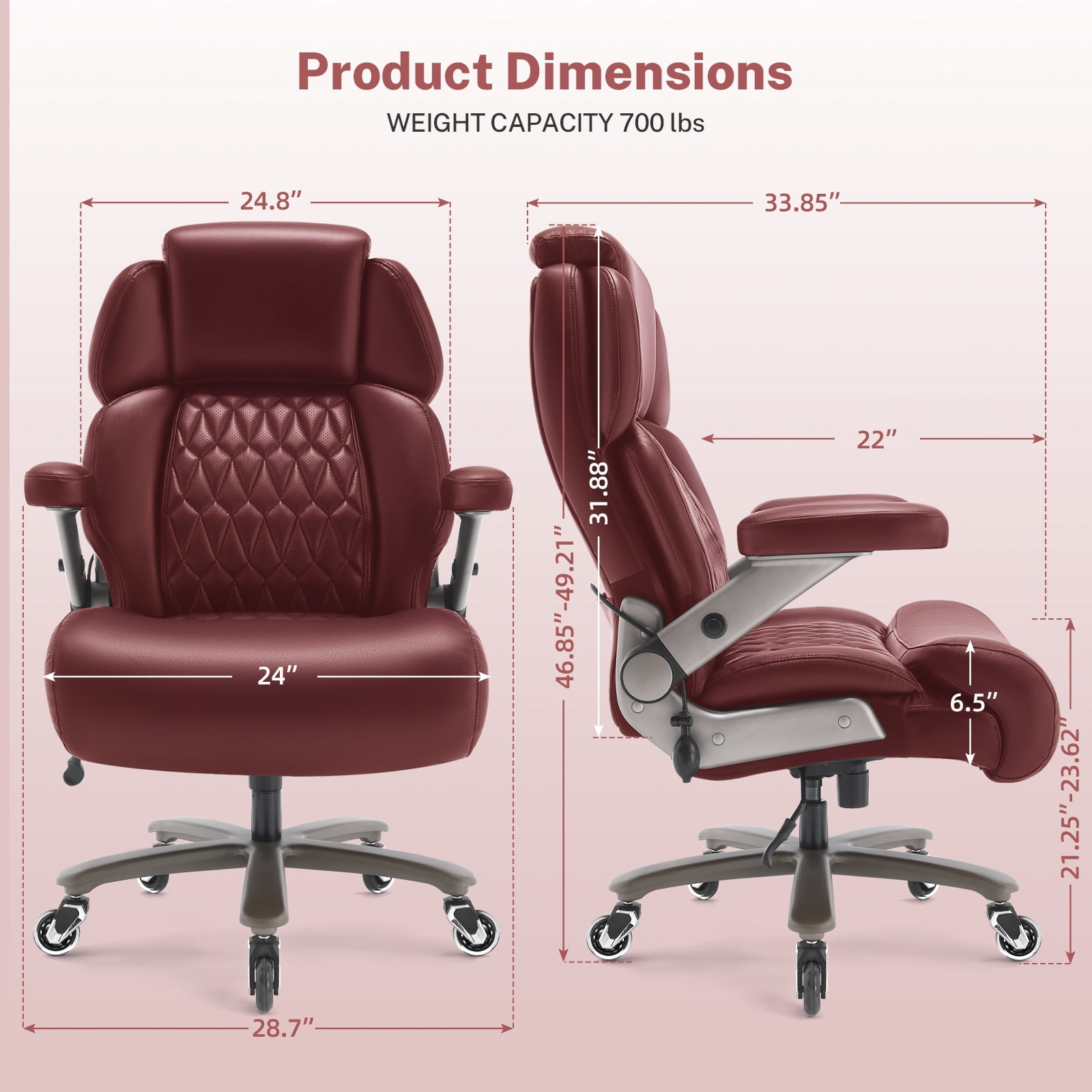 WOSDOM 700lbs Big and Tall Office Chair, Heavy Duty Executive Chair, Extra Wide Seat, Adjustable Headrest and Lumbar Support, 3D Flip up Arms, Burgundy