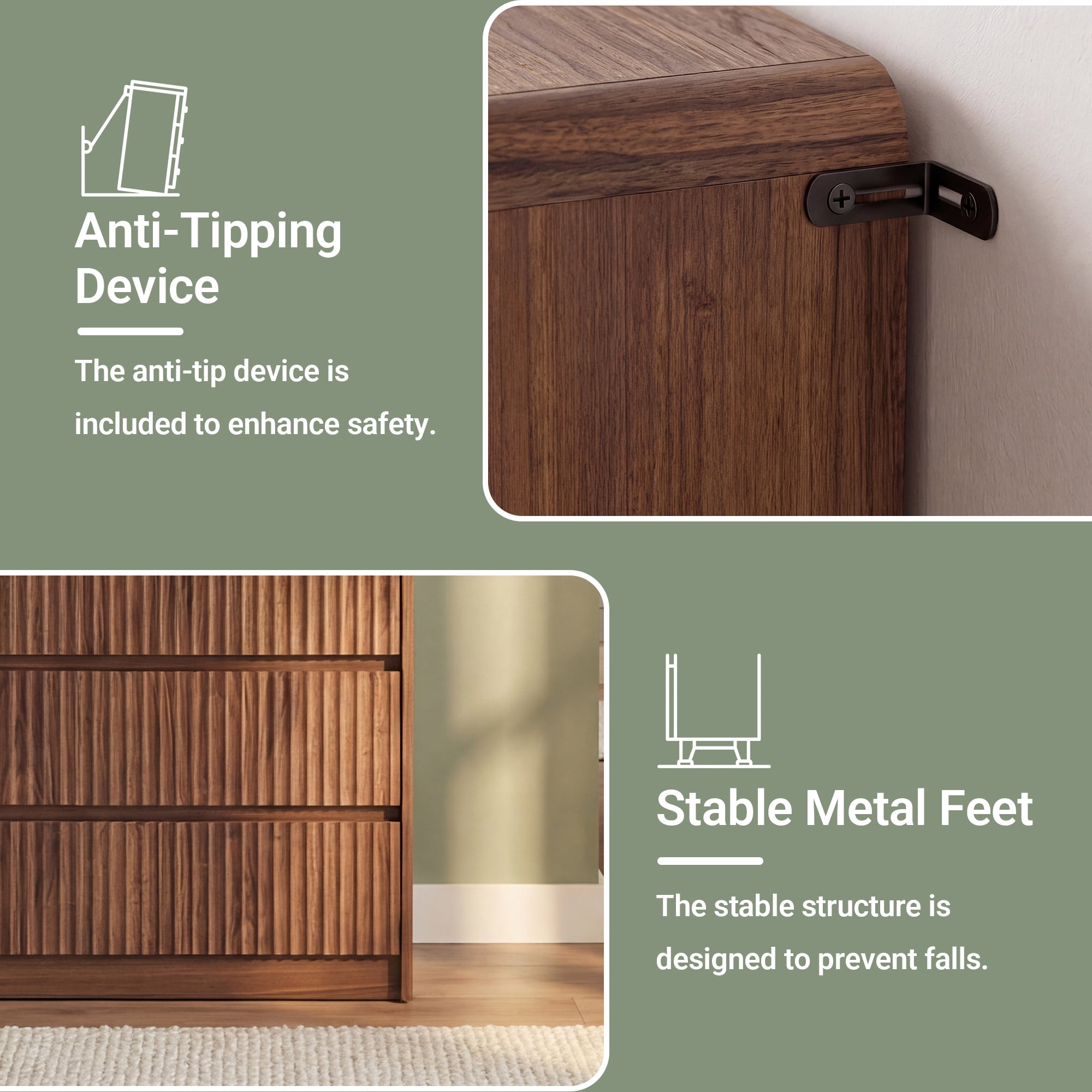 YDN Modern Fluted 5 Drawers Dressers for Bedroom with Drawers - 31.5" Wooden Tall Chest of Drawers, Curved Dresser Storage Organizer with Anti-Tip for Closet Hallway, Entryway, Living Room, Walnut