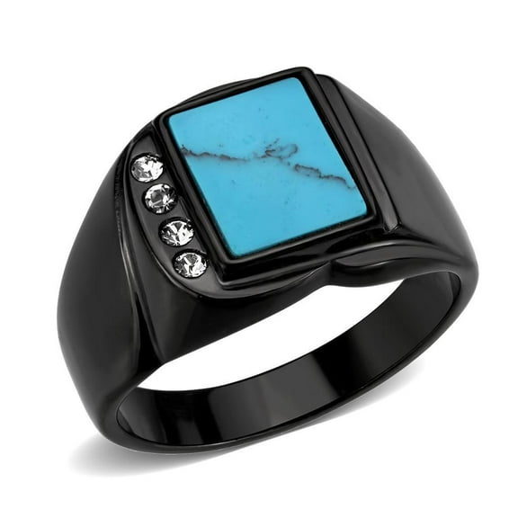 Mens Black Ring Rectangular Turquoise Stainless Steel Ring in Sea Blue with Side Diamonds