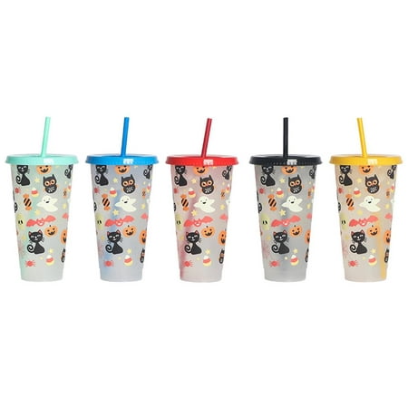 

Ksruee Halloween Party Cups 5 Pieces Cute Party Cups Owl Ghost Bat Cat Patterns 710ml Food Grade Tumbler with Straw Lid for Dinner Party Decoration efficiently