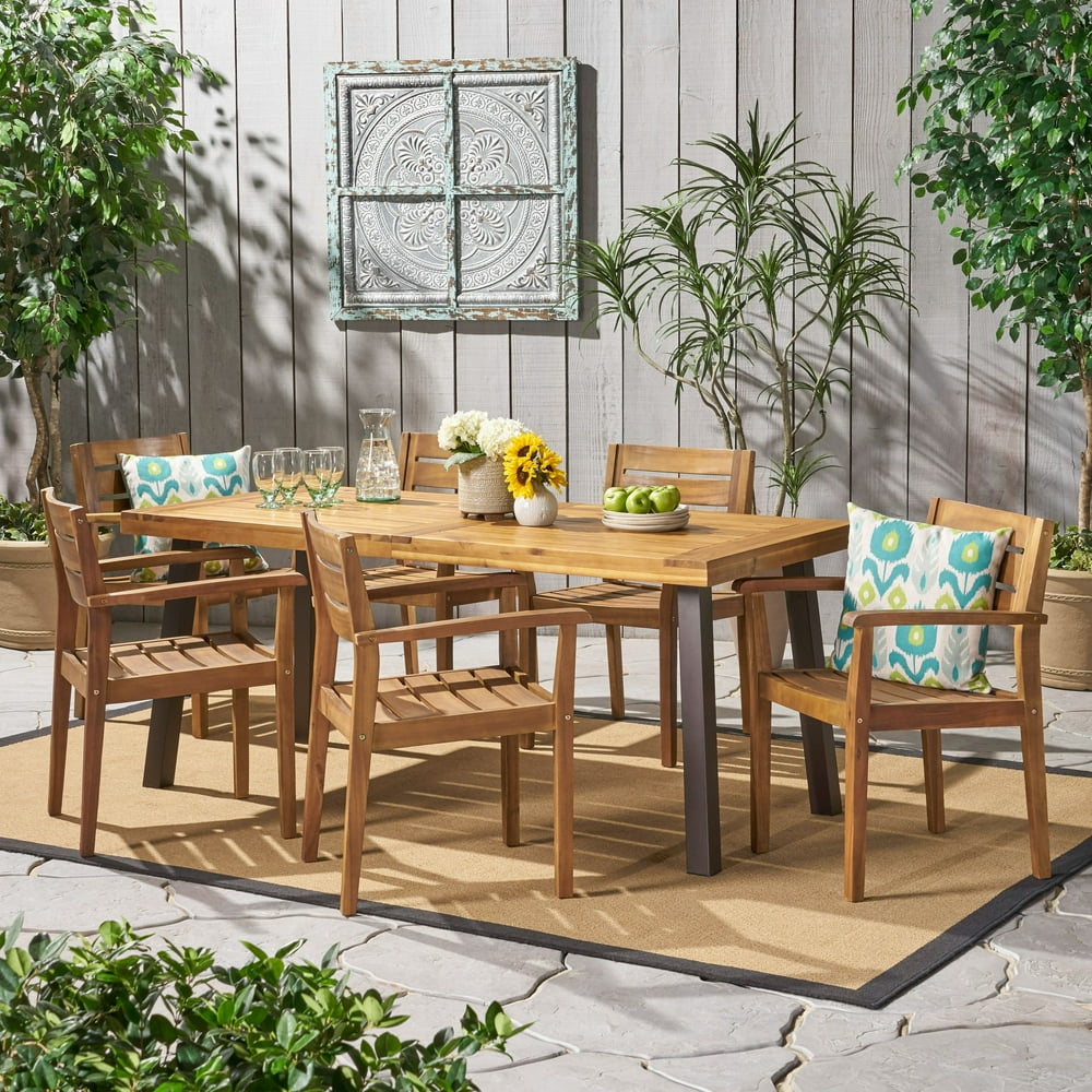 Emelie Outdoor 7 Piece Acacia Wood Dining Set with Rustic Metal Accents