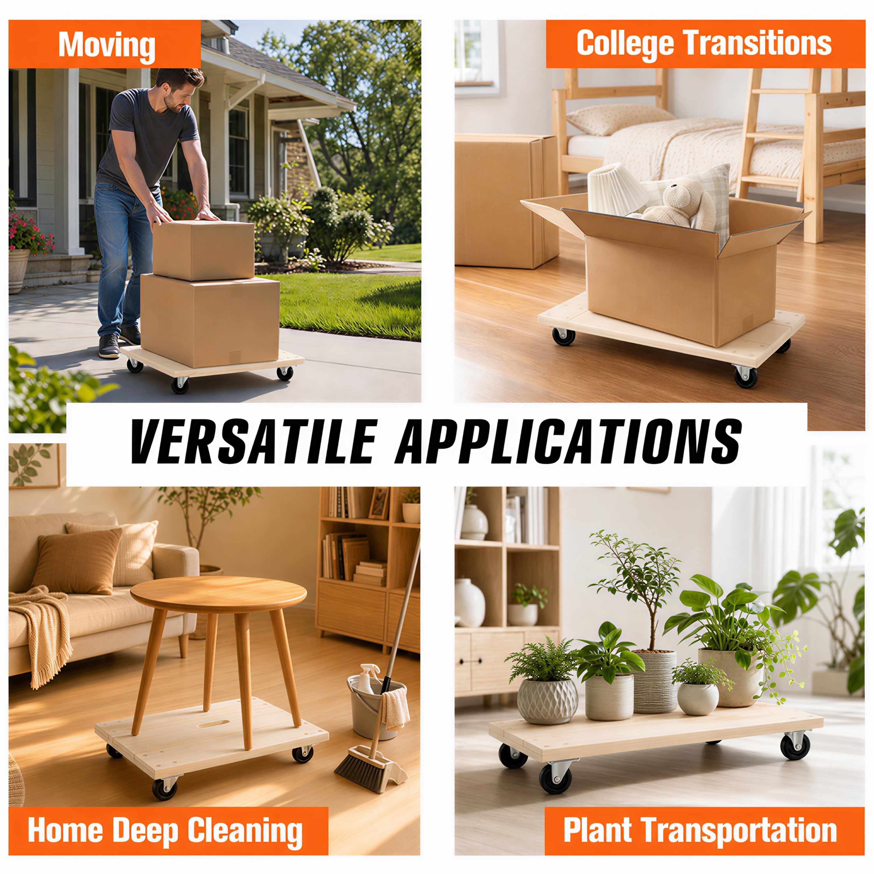 Heavy Duty Hardwood Moving Dolly 24×16 Inch, 1000 LBS Capacity Transport Cart with 4 PP Swivel Casters for Furniture Boxes Heavy Goods Warehouse Moving