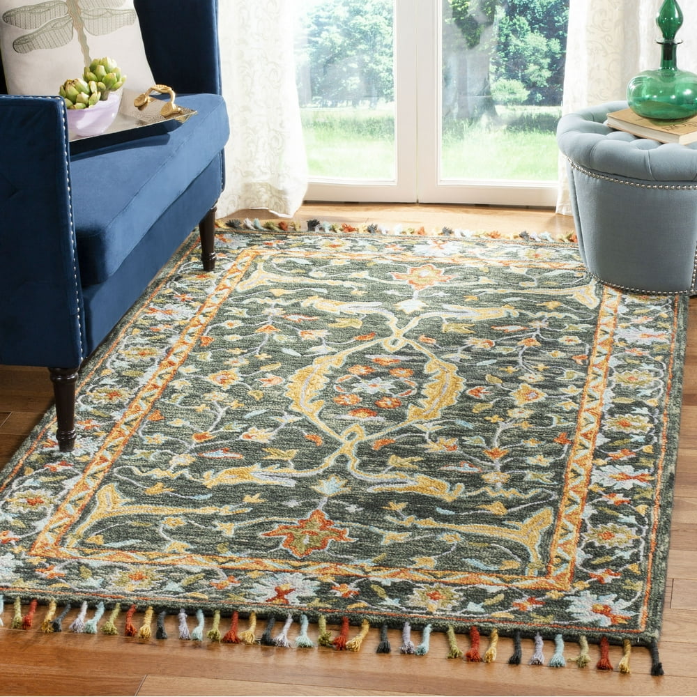SAFAVIEH Aspen Peter Floral Bordered Wool Area Rug, Olive/Rust, 4' x 6