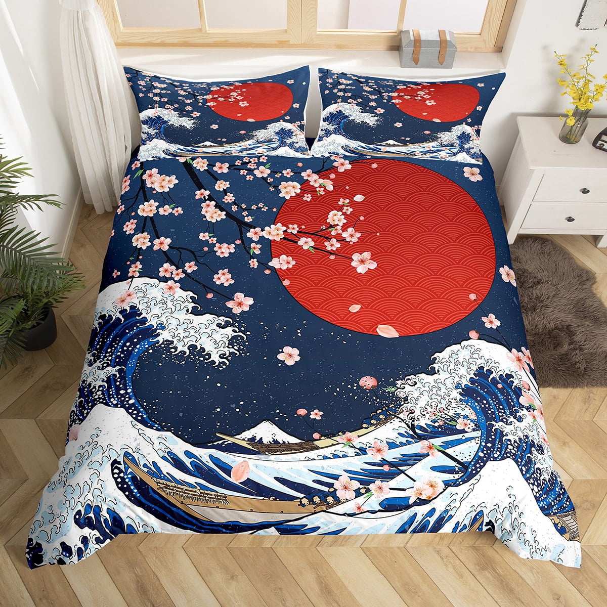 Japan Ukiyoe Duvet Cover for Kids Boys Girls,Retro Japanese Red Sun