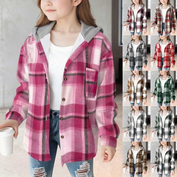 8-9 Years Child Girl Fall Jacket Plaid Lined Flannel Shirts Button Hooded Shirt Kids Casual Holiday Jackets Light Green Hoodie