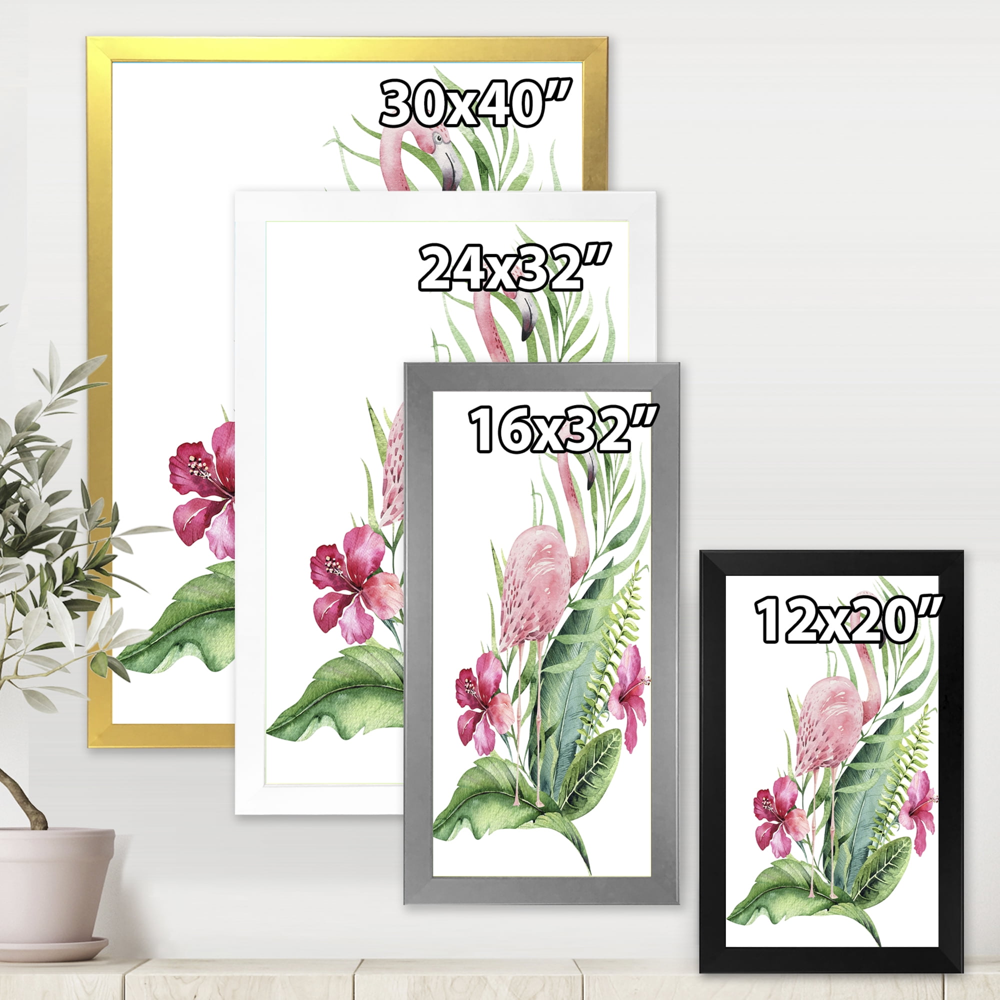 Designart 'Flamingo With Pink Flowers and Exotic Foliage' Traditional Framed Art Print