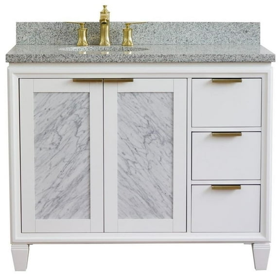 Trento 43" Solid Wood Vanity with Left Oval Sink in White/Gray Granite Stone