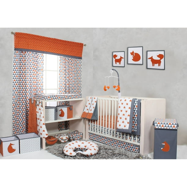 Bacati Playful Foxs 10 Piece Crib Bedding Set Orange Gray