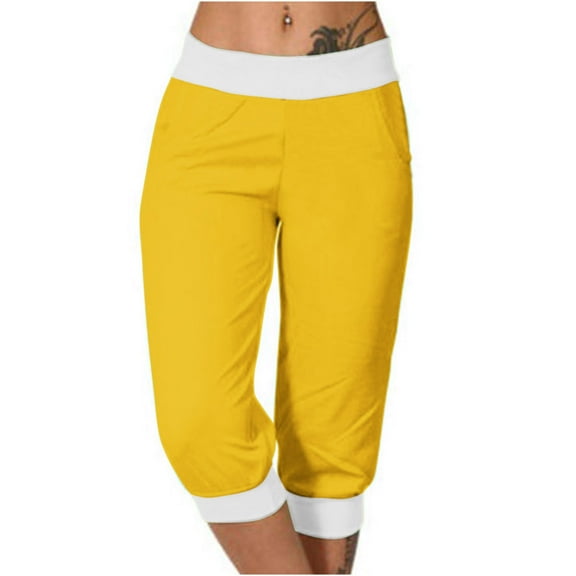 CQONEPT Knit Pants with Pockets for Womens Leisure Baggy Wide Leg Pant Elastic Waist Vacation Outdoor Pant Yellow 3XL