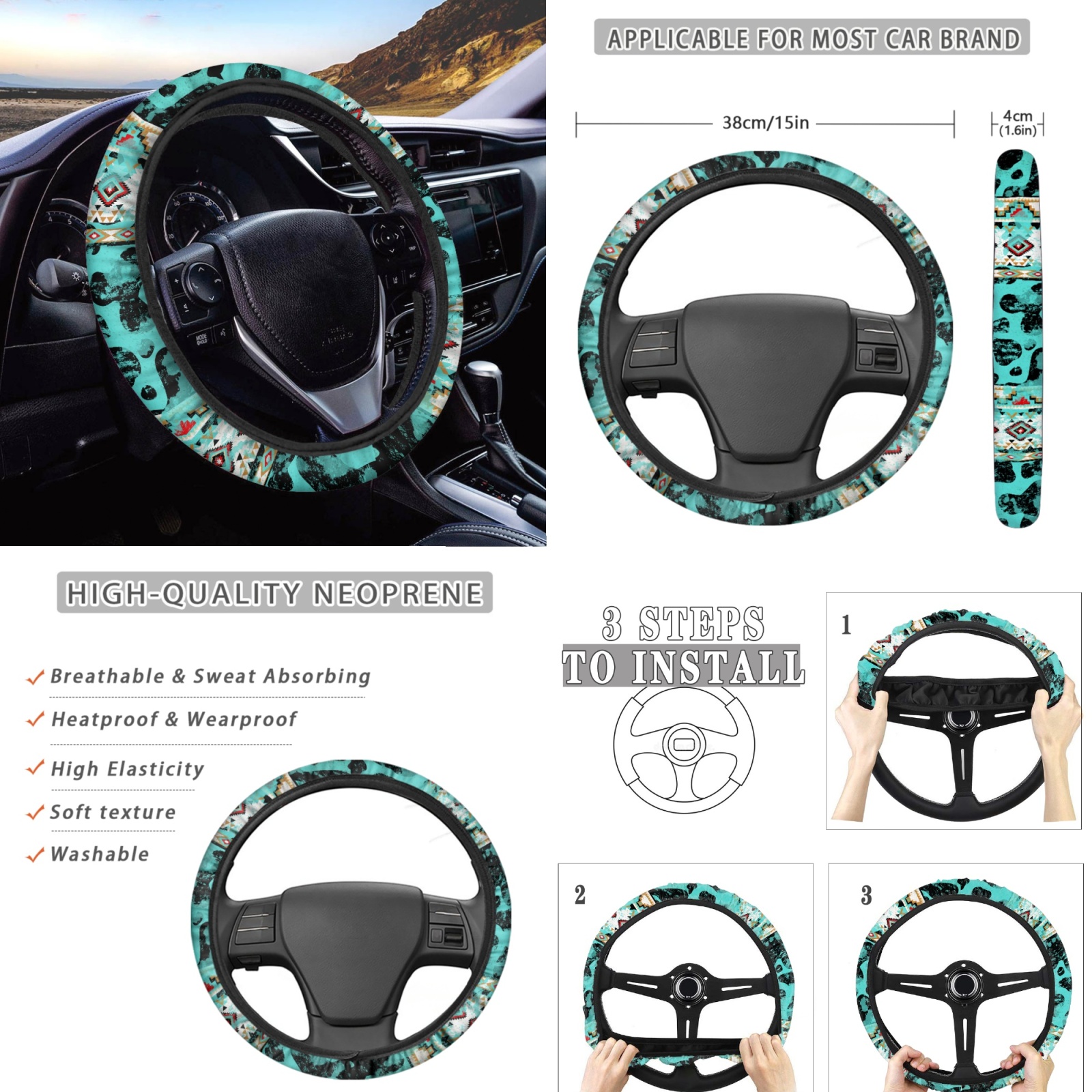 Renewold American Tribal Cow Print Teal Car Seat Covers for Women Men, with Steering Wheel Cover Seat Belt Pad Armrest Pad Handbrake Cover Gear Shift Cover Coaster Holder Car Accessories Set of 12
