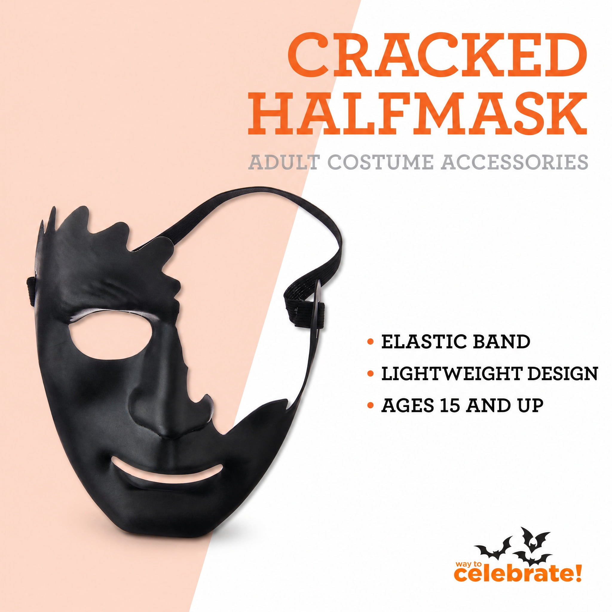 Cracked Half-Mask Costume Accessory for Adults, Black, Halloween by Way To Celebrate