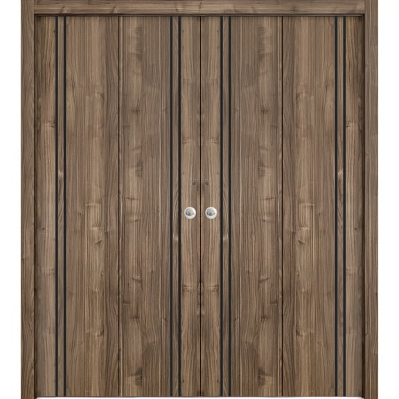 Sliding Closet Double Bi-fold Doors | Planum 0016 Walnut with Frosted Glass | Sturdy Tracks Moldings Trims Hardware Set | Wood Solid Bedroom Wardrobe Doors