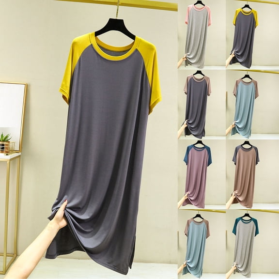 Sakmal Short Sleeve Moomoo Nightgownss for Women Cute Cotton House Dress Solid Long Womens Nightgown M
