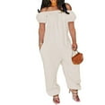 thumbnail image 2 of QATAINLAV Women's Loose Fit Short Sleeve Jumpsuits Casual Off Shoulder Rompers Solid Color Beam Foot One Piece Pants with Pockets Plus Size Prime Sales Today Clearance White M, 2 of 6