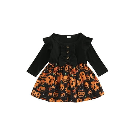 

Calsunbaby Toddler Baby Girl Halloween Dress Infants Long Sleeve Pumpkin Printed Ruffles Decor Dresses Casual Simple One-Piece Clothes