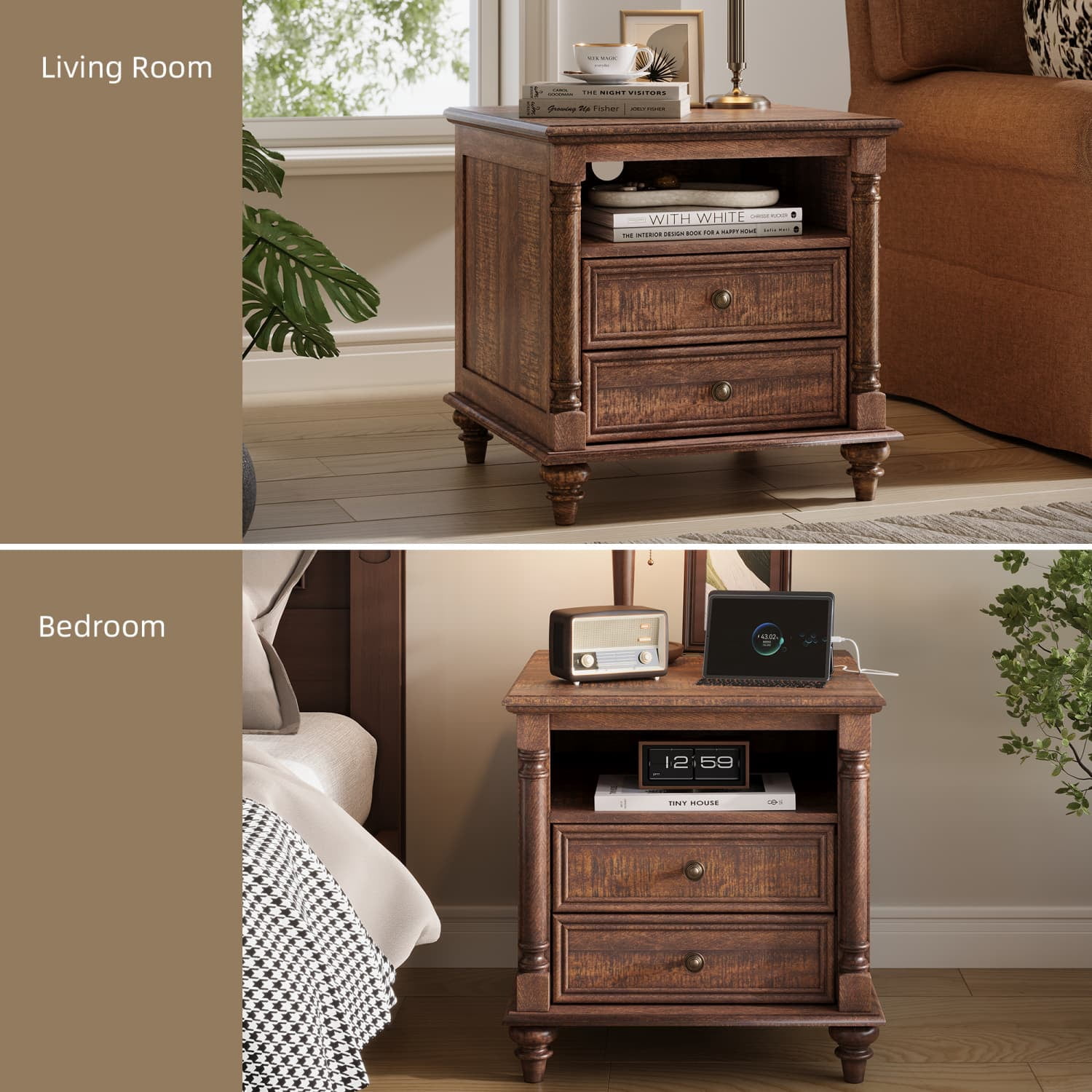 OKD Farmhouse Nightstand, 3 Drawer Wood Side Table with Charging Station for Bedroom, Living Room, Reclaimed Barnwood
