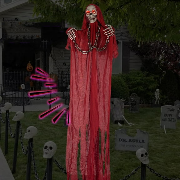 6.4 Ft Halloween Grim Reaper Props,Halloween Hanging Skeleton Ghost with Glowing Red Eyes, Sound Activated Ghost Lighted Up Scary Halloween Props for Indoor,Outdoor,Haunted House,Yard