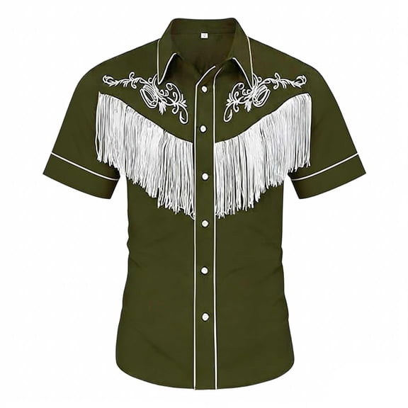 Huowey Girls Boys Unisex Western Cowboy Print Shirt Button Down Floral Embroidery Short Sleeve Casual Top Elegant Fashionable Casual Cozy Cute Basic Tees,Army Green,12-13 Years