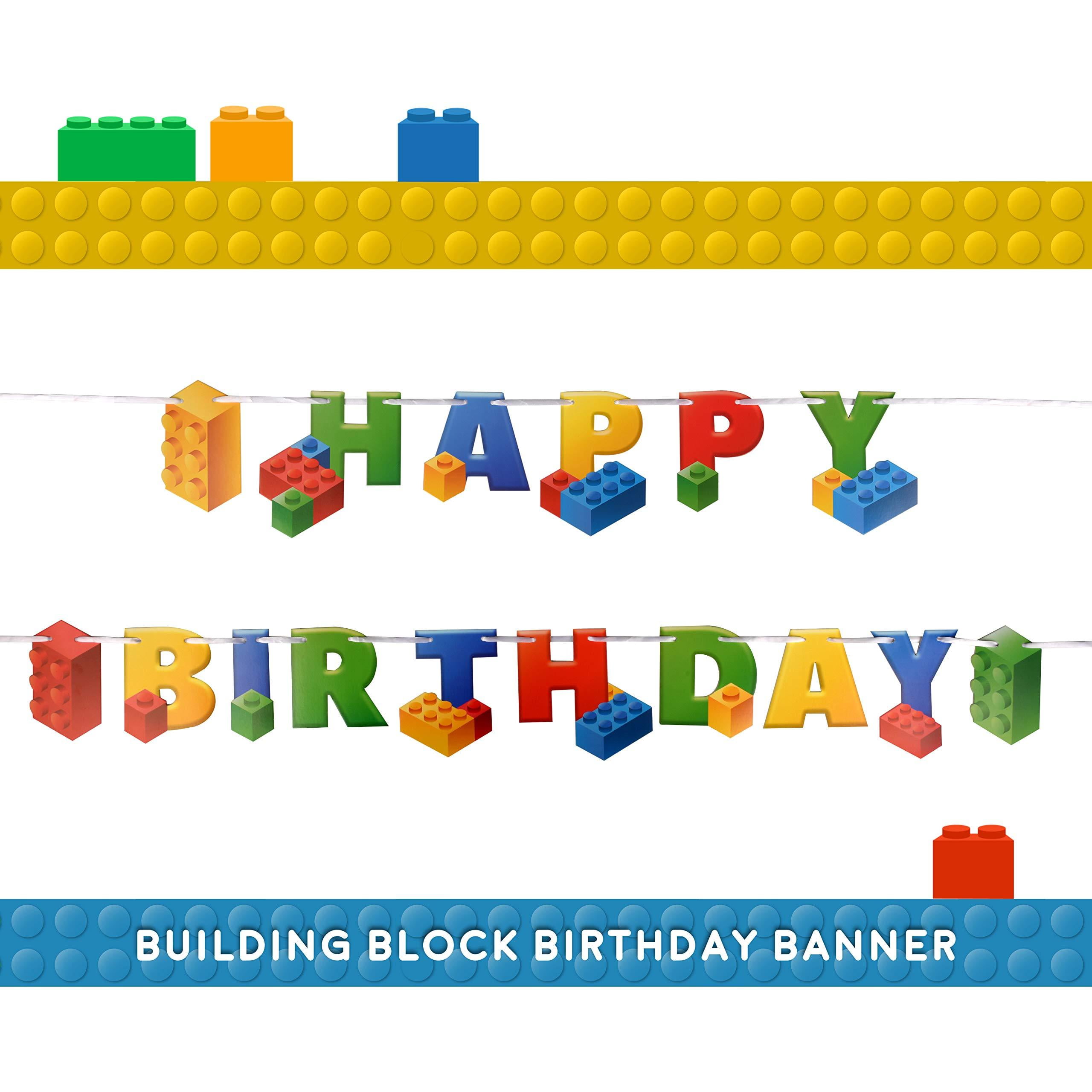 Building Block Party Decorations Brick and Block Birthday Banner for Kids Boys Building Block Themed Birthday Party Supplies with Banners Cake Toppers and Latex Balloons