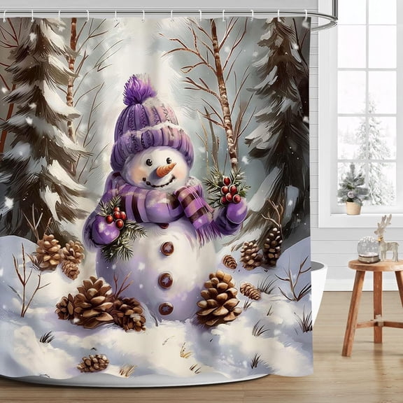 Winter Christmas Snowman Shower Curtain Holiday Xmas Forest Cute Snowman Snowflake Snow Scene Pine Fir Tree Christmas Bathroom Decor Curtains with Hooks Waterproof Washable Fabric 72x72 Inch