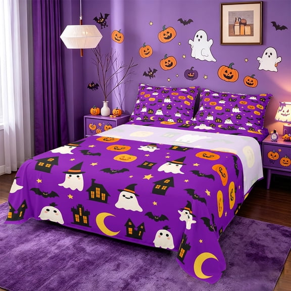 Homewish Halloween Witch Ghost Bed Sheets,Jack O Lantern House Pattern Full Size Sheets,Violet Black,4pcs,1 Flat Sheet,1 Fitted Sheet and 2 Pillowcases