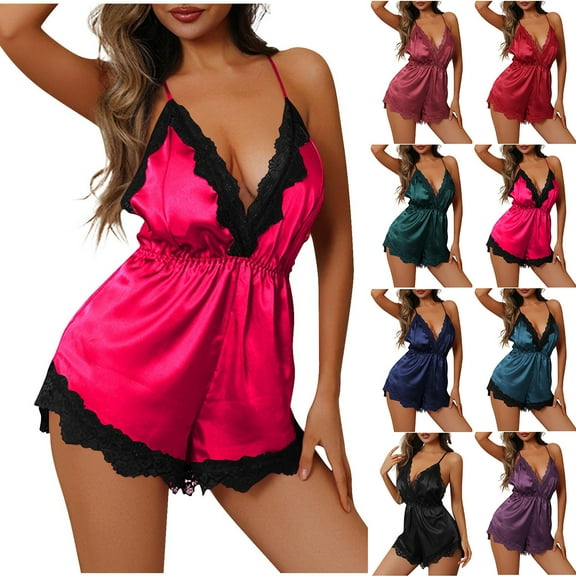 Aboser Women's Satin Lingerie Deep V Neck Nightdress Full Slips Backless Babydoll Sleepshirts Casual Sleeveless Mini Romper Sleepwear Sexy Cami Night Dress
