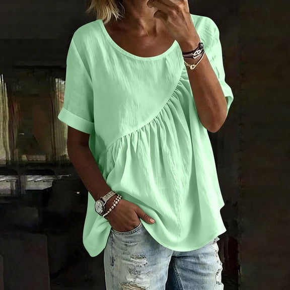 ClodeEU Women's Ruched Round Neck Short Sleeve T-Shirt,Loose Fit Casual Blouse a-Green,Women's Plus L