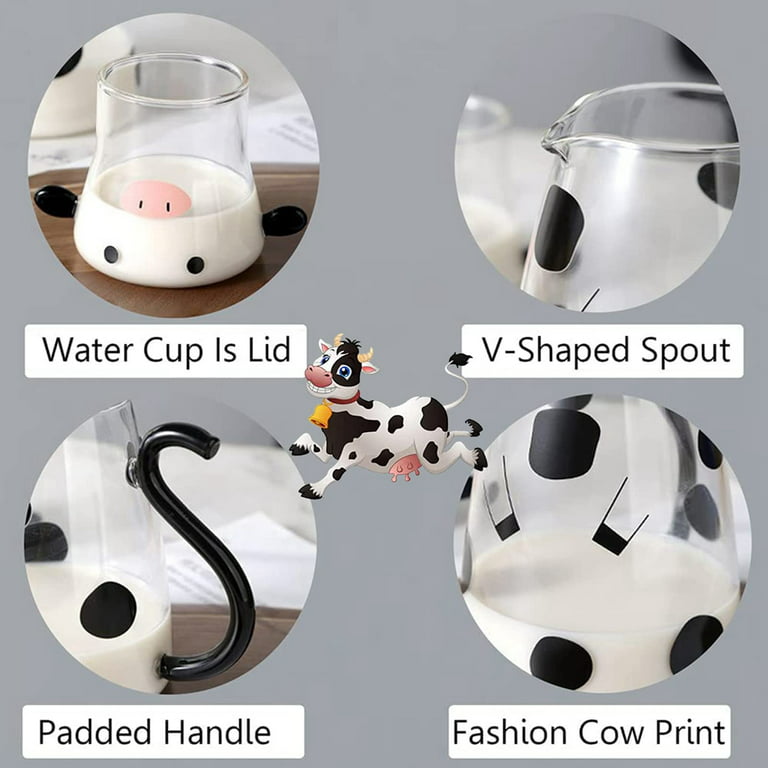 1 Set Glass Carafe Pitcher with Glass Mug Cute Cow Glass Tea Pitcher Kettle  Milk Jug Night Water Carafe for Midnight Drink Home Office Hotel 550ml