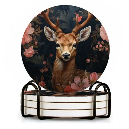 

BaHomeck Drink Coasters Set of 4 with Holder deer with large antlers surrounded by pink and red flowers Water Absorbent Ceramic Coasters Tabletop Protection Suitable for Various Cup Home Decor
