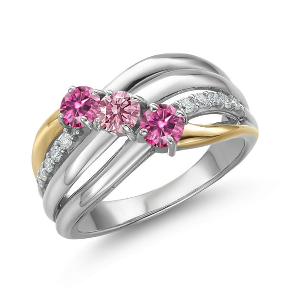 Gem Stone King 925 Silver and 10K Yellow Gold Pink Moissanite and Pink Lab Grown Diamond Engagement Ring for Women | 0.86 Cttw | Round 4MM | Birthstone | Size 5