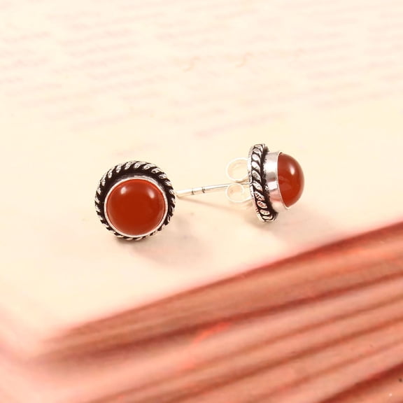 Carnelian Stud Earrings – 925 Sterling Silver Natural Carnelian Round Studs, Orange Red Gemstone Minimalist Earrings for Women