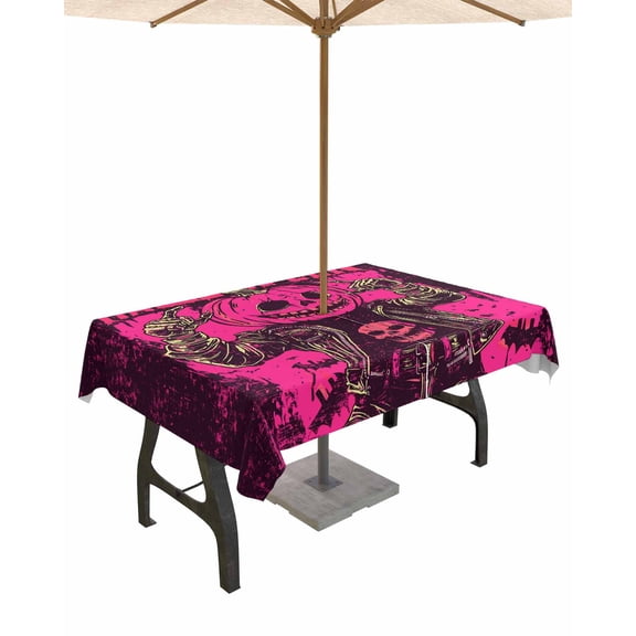 Boanket Outdoor Tablecloth with Umbrella Hole for Patio/Picnic/Party/Camping, Halloween Waterproof Table Cloth Rectangle Table Cover Washable, Skull Pumpkin Pink Fall Holiday (54"x 80")