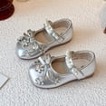 thumbnail image 2 of Kids Princess Flats Rhinestone Flower Bow Decor Mary Jane Shoes Pearl Soft Sole PU Leather Princess Footwear for Daily Wear/Wedding/Party/Birthday Silver 34, 2 of 9