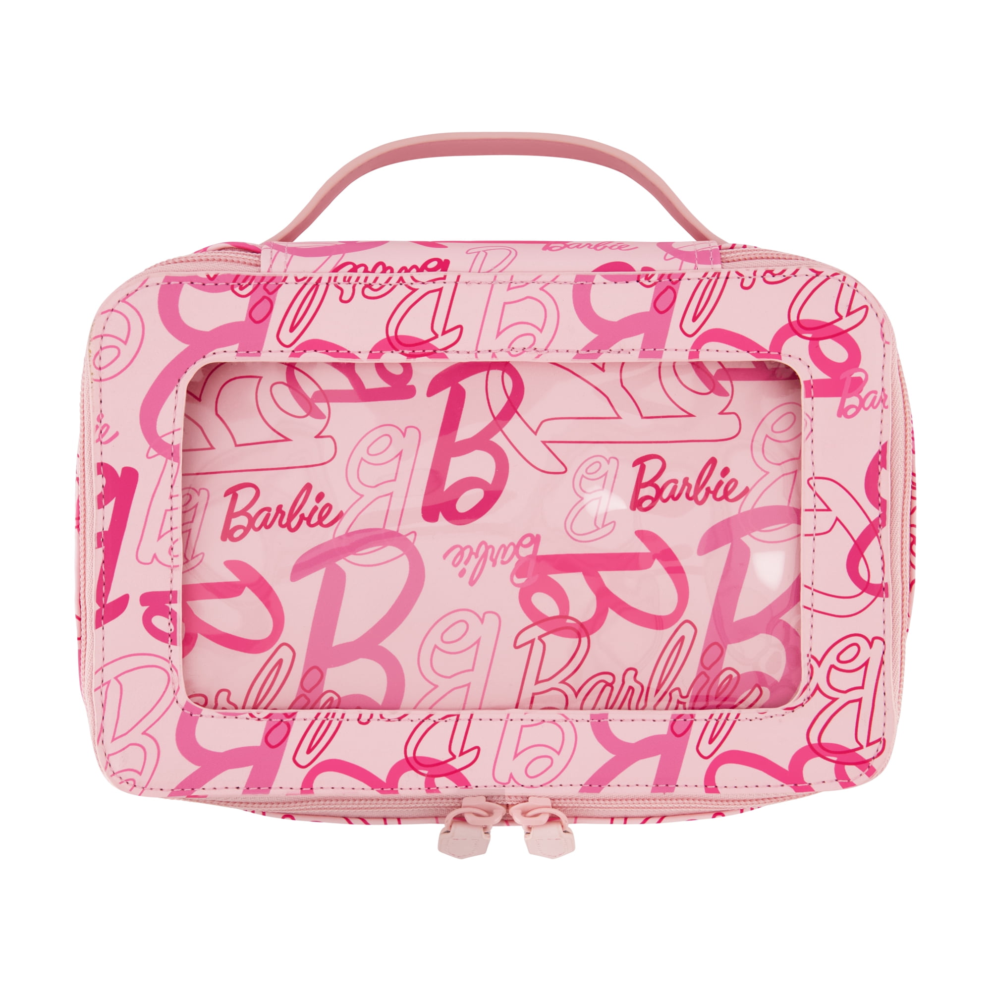 Barbie 2-Piece Women's Makeup Bag, Two Zipper Travel Cosmetic Zipper Pouch Organizer with Logo, Pink