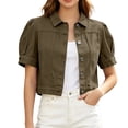 thumbnail image 3 of Miaoju Women's Summer Short Sleeve Crop Denim Trucker Jacket Jean Coat Tops, Khaki L, 3 of 7