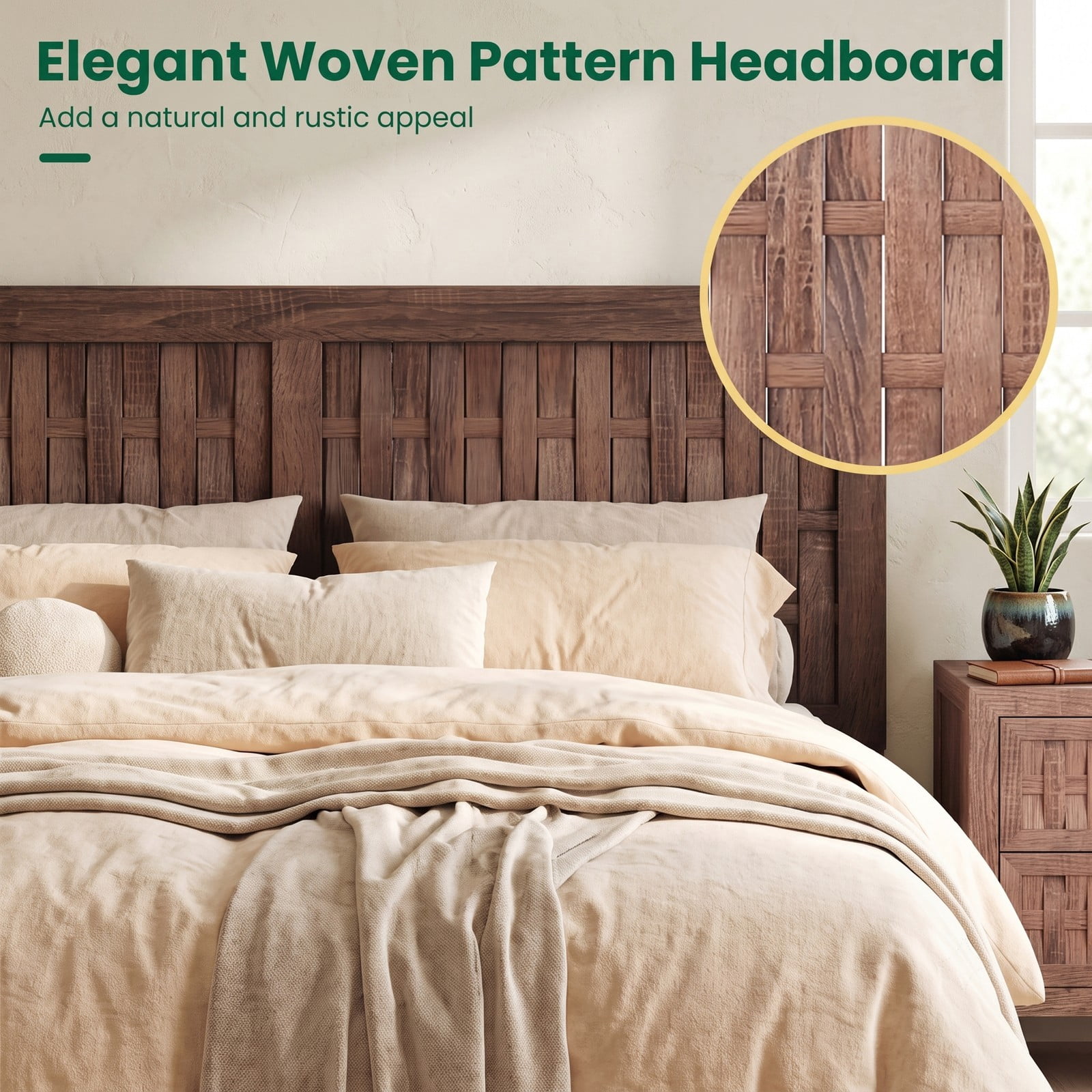 Furnibear Full Size Bed Frame Wood Platform Bed Frame with Woven Accent Headboard and Footboard and 12 Plywood Slats, Walnut
